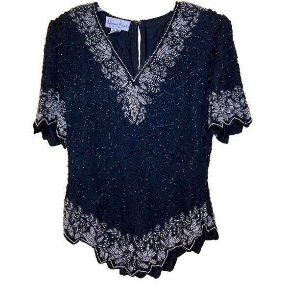Vintage Laurence Kazar Black Silk Floral Beaded Blouse Size Small Zipper Formal - Picture 1 of 3